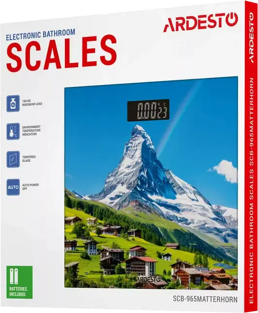 Ardesto SCB-965MATTERHORN Electronic Bathroom Scale, 150kg Max Load, Tempered Glass Platform 30x30cm, LED Display, Built-in Thermometer, Multicolor