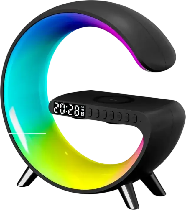 NH-69 G-Shaped 4-in-1 Multifunctional Device: 15W Wireless Charger, RGB Ambient Light, Bluetooth Speaker, Alarm Clock, App Control, Black