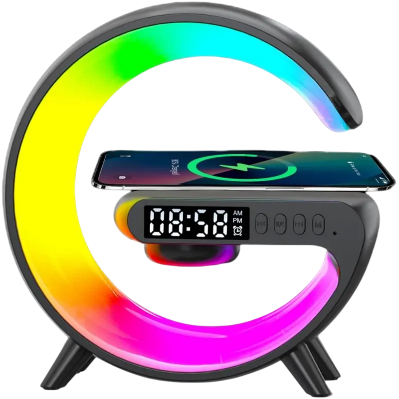 NH-69 G-Shaped 4-in-1 Multifunctional Device: 15W Wireless Charger, RGB Ambient Light, Bluetooth Speaker, Alarm Clock, App Control, Black