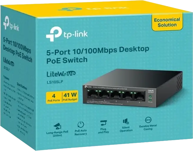 Switch Desktop PoE TP-Link LiteWave LS105LP Nestire, 5 Porturi 10/100 Mbps, 4 Porturi PoE IEEE 802.3af, Buget 41W, Mod Extend 250m, Carcasă Metalică, Negru
