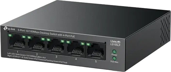 Switch Desktop PoE TP-Link LiteWave LS105LP Nestire, 5 Porturi 10/100 Mbps, 4 Porturi PoE IEEE 802.3af, Buget 41W, Mod Extend 250m, Carcasă Metalică, Negru