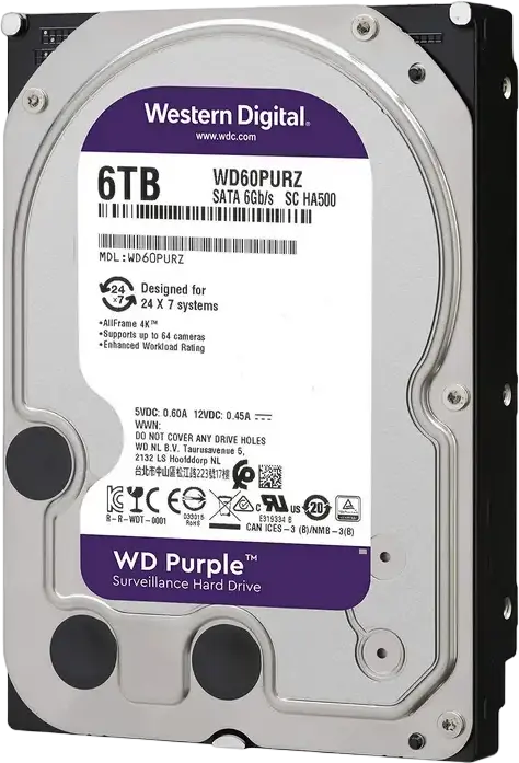 Western Digital WD Purple WD64PURZ 6TB 3.5" SATA III 5400 RPM 256MB Cache CMR Surveillance HDD for 64 HD Cameras AllFrame Technology