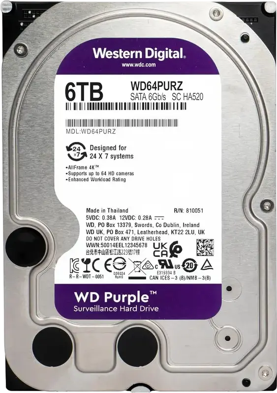 Western Digital WD Purple WD64PURZ 6TB 3.5" SATA III 5400 RPM 256MB Cache CMR Surveillance HDD for 64 HD Cameras AllFrame Technology