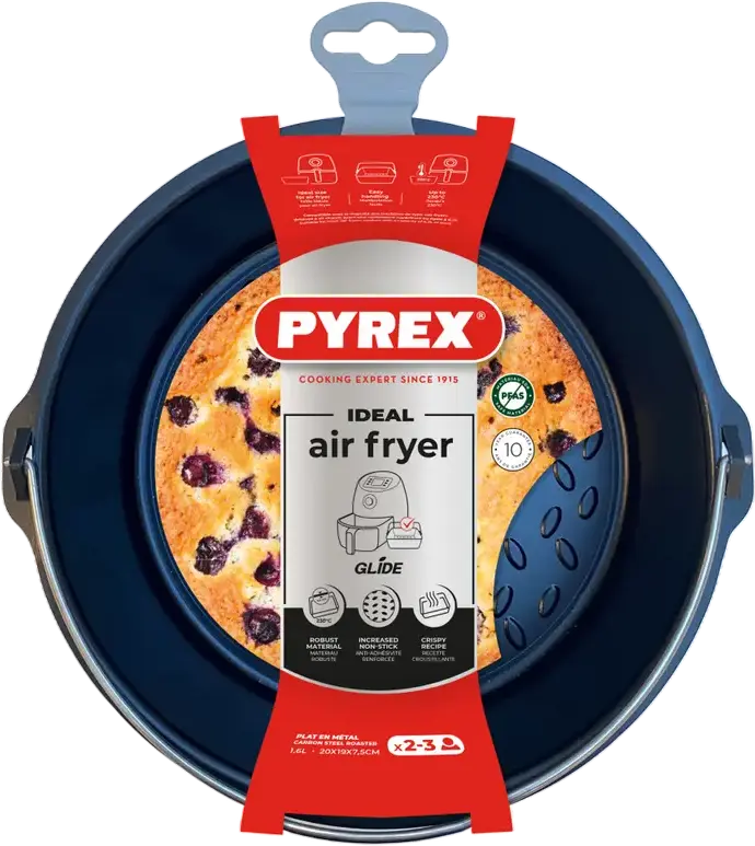 Круглая форма для аэрофритюрницы Pyrex AF20DR6, поддон из углеродистой стали, 20 см, антипригарное покрытие без PFAS, текстурированное дно, до 230°C, Черный