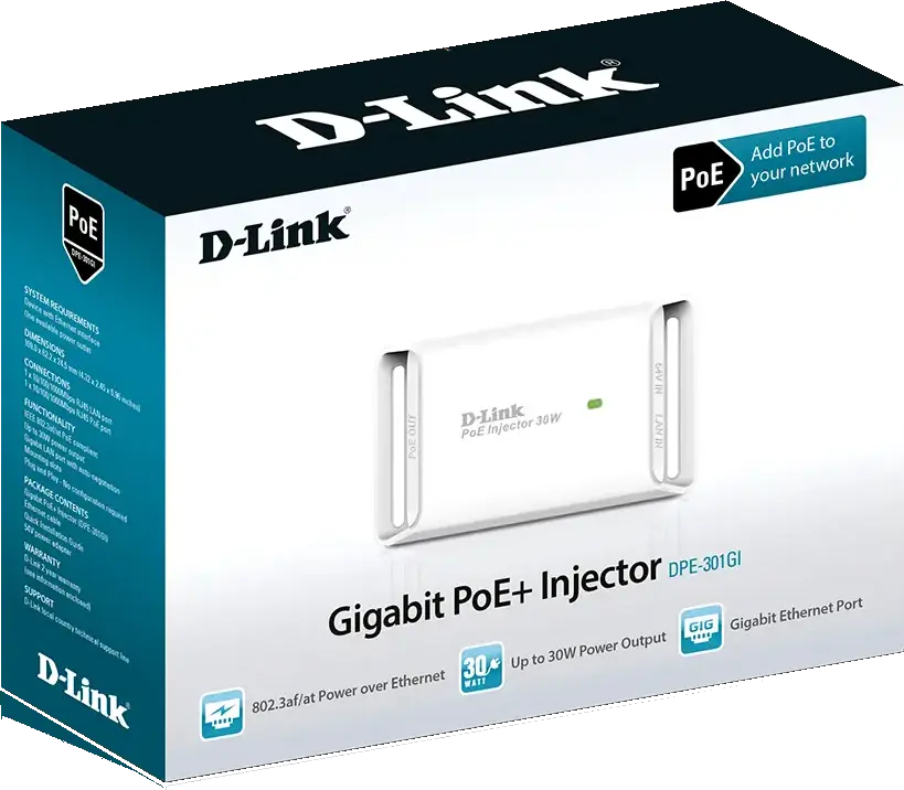 Injector D-Link DPE-301GI Gigabit PoE+, Standard IEEE 802.3af/at, Putere Maxima 30W, Porturi RJ-45 10/100/1000 Mbps, Plug and Play, Alb
