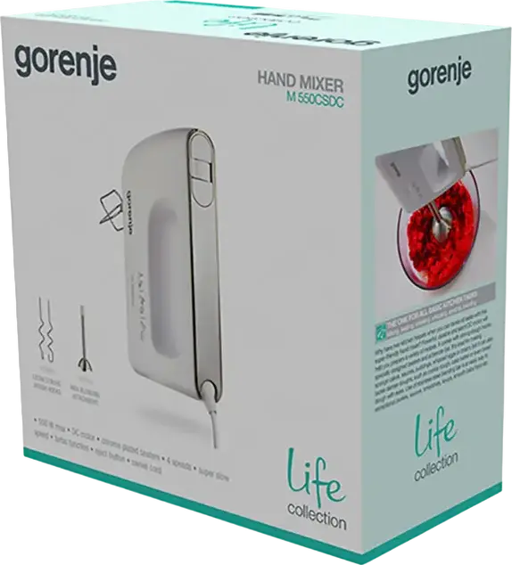 Gorenje M 550CSDC Life Collection Hand Mixer, 550W DC Motor, 5 Speed Settings, Turbo Mode, White Plastic Housing, 5 Stainless Steel Accessories