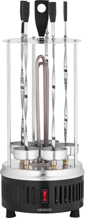 Gril Electric Vertical Ardesto VEG-HY1000 Rotisor cu 5 Frigarui din Otel Inoxidabil, 900W, Rotire Automata 360 Grade, Carcasa de Aluminiu