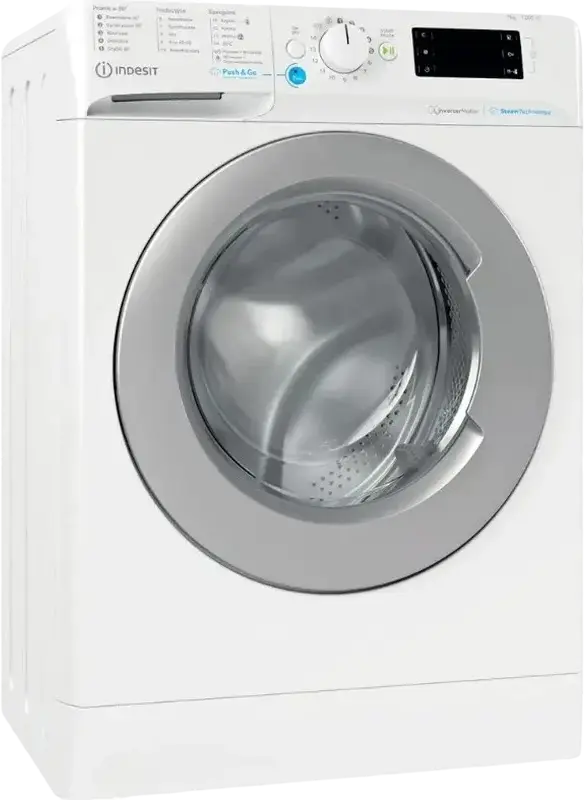Masina de spalat rufe Indesit BWSE 71295X WSV cu incarcare frontala, 7kg, 1200 RPM, Motor Inverter, Curatare cu Aburi, Cuva Titan, Alb/Argintiu
