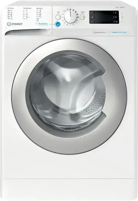 Masina de spalat rufe Indesit BWSE 71295X WSV cu incarcare frontala, 7kg, 1200 RPM, Motor Inverter, Curatare cu Aburi, Cuva Titan, Alb/Argintiu