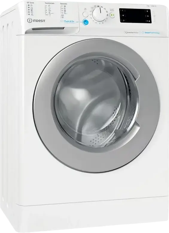 Masina de spalat rufe Indesit BWSE 71295X WSV cu incarcare frontala, 7kg, 1200 RPM, Motor Inverter, Curatare cu Aburi, Cuva Titan, Alb/Argintiu