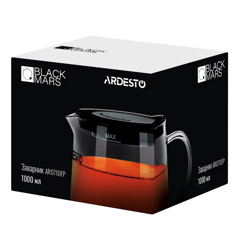 Ardesto AR0710FP Black Mars Glass Teapot with Stainless Steel Infuser, 1L Capacity, Transparent Body with MAX Fill Line