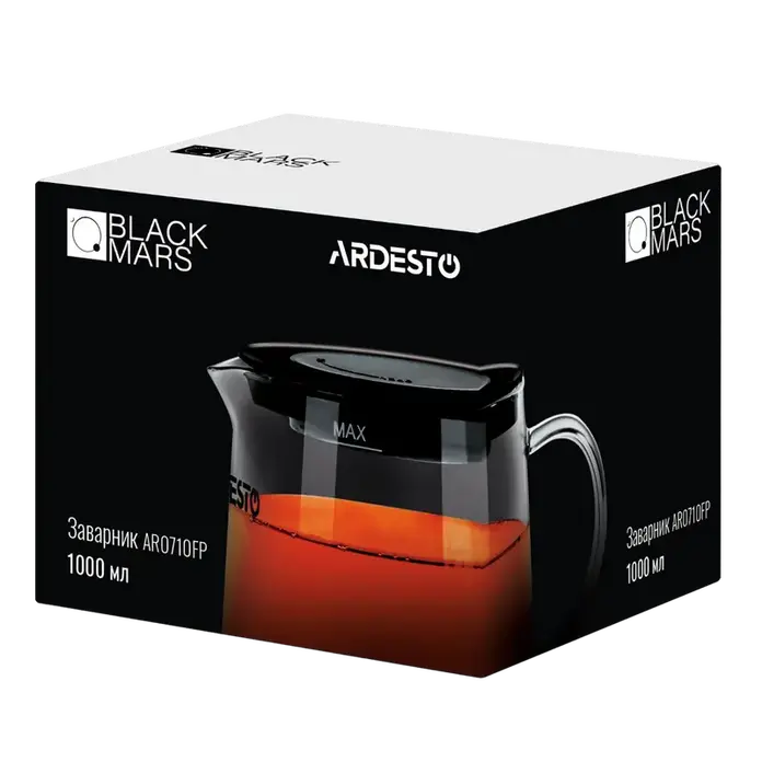 Ardesto AR0710FP Black Mars Glass Teapot with Stainless Steel Infuser, 1L Capacity, Transparent Body with MAX Fill Line