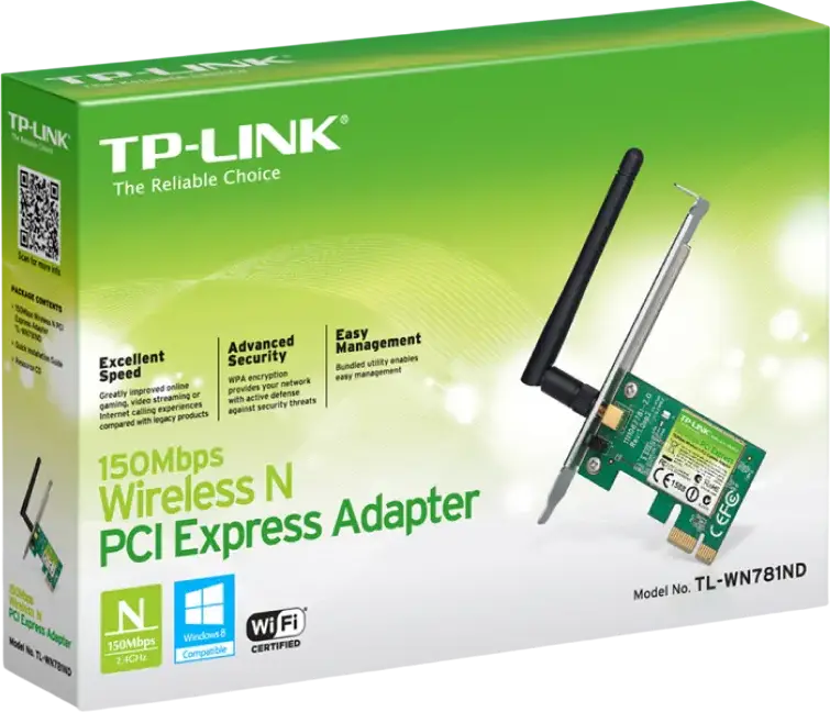 TP-Link TL-WN781ND Wireless N PCI Express Adapter, 150Mbps, 2.4GHz, Detachable Omni Directional Antenna, 802.11n/g/b, WPA2 Security
