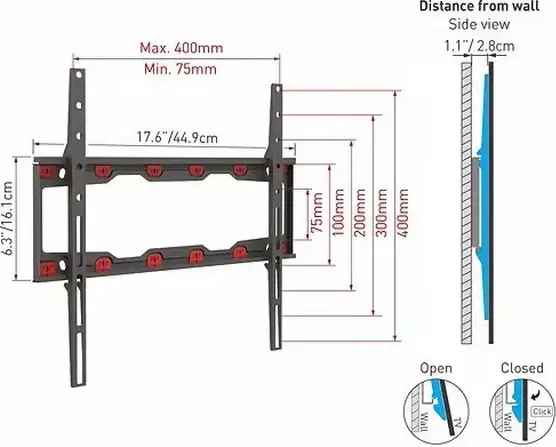 Barkan ND300 Fixed Drywall No-Drill TV Wall Mount for 19-65 inch Screens, VESA up to 400x400mm, 37kg Load Capacity, Auto-Locking Safety, Black