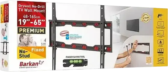 Barkan ND300 Fixed Drywall No-Drill TV Wall Mount for 19-65 inch Screens, VESA up to 400x400mm, 37kg Load Capacity, Auto-Locking Safety, Black