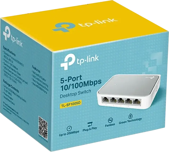 TP-Link TL-SF1005D 5-Port 10/100Mbps Desktop Switch, Auto-MDI/MDIX RJ45 Ports, Green Technology Energy Efficient, Fanless Design, White ABS Plastic