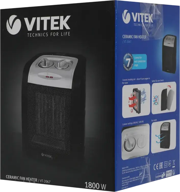 VITEK VT-2067 Ceramic Fan Heater 1800W, PTC Heating Element, Adjustable Thermostat, Overheat Protection and Tip-over Switch, Ventilation Mode