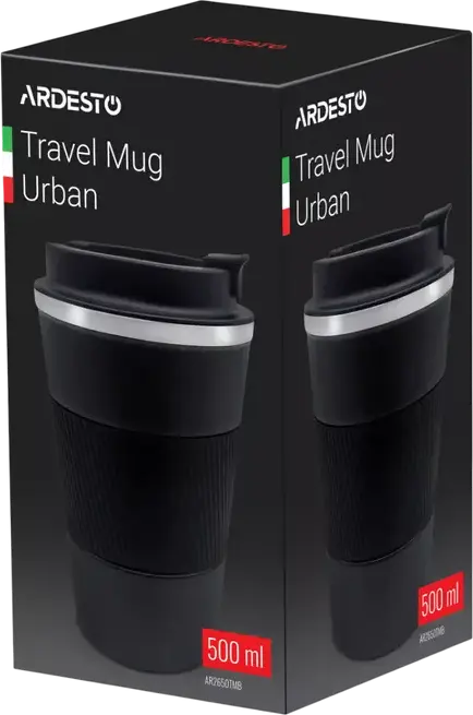 Cană Termos Ardesto AR2650TMB Urban, 0.5L, Oțel Inoxidabil, cu Cioc de Băut, Păstrare Căldură 12 Ore, Negru