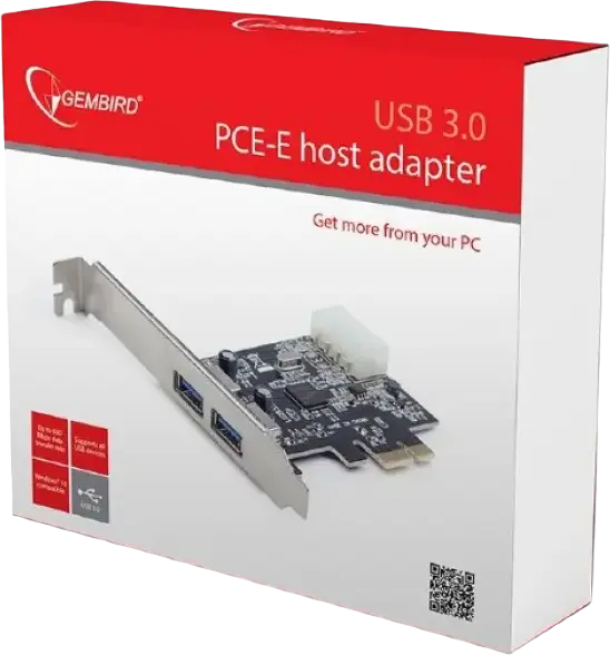Адаптер Gembird UPC-30-2P USB 3.0 PCI-E, 2 порта USB 3.2 Gen 1, 5 Гбит/с, интерфейс PCI-Express x1, чипсет NEC D720200F1, питание Molex 4-pin