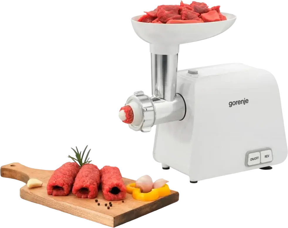 Gorenje MG1602W Meat Grinder, 1600W, 1.9 kg/min Capacity, White, 2 Grinding Plates (3mm & 8mm), Sausage and Kubbe Stuffing Kits, Reverse Function