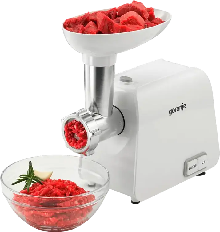 Gorenje MG1602W Meat Grinder, 1600W, 1.9 kg/min Capacity, White, 2 Grinding Plates (3mm & 8mm), Sausage and Kubbe Stuffing Kits, Reverse Function
