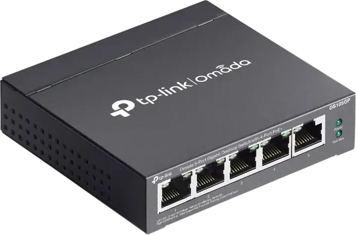 Switch Desktop Gigabit Neadministrat TP-Link DS105GP Omada, 5 Porturi, 4 Porturi PoE+ IEEE 802.3af/at, Mod Extend si Recovery, Carcasa Otel, Negru