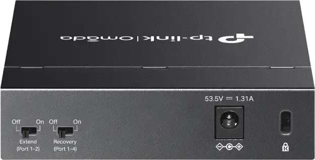 Switch Desktop Gigabit Neadministrat TP-Link DS105GP Omada, 5 Porturi, 4 Porturi PoE+ IEEE 802.3af/at, Mod Extend si Recovery, Carcasa Otel, Negru
