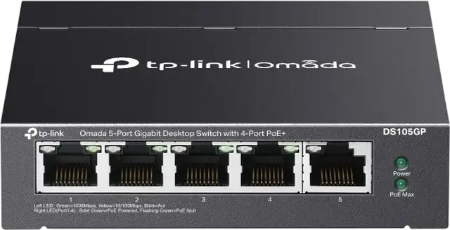Switch Desktop Gigabit Neadministrat TP-Link DS105GP Omada, 5 Porturi, 4 Porturi PoE+ IEEE 802.3af/at, Mod Extend si Recovery, Carcasa Otel, Negru