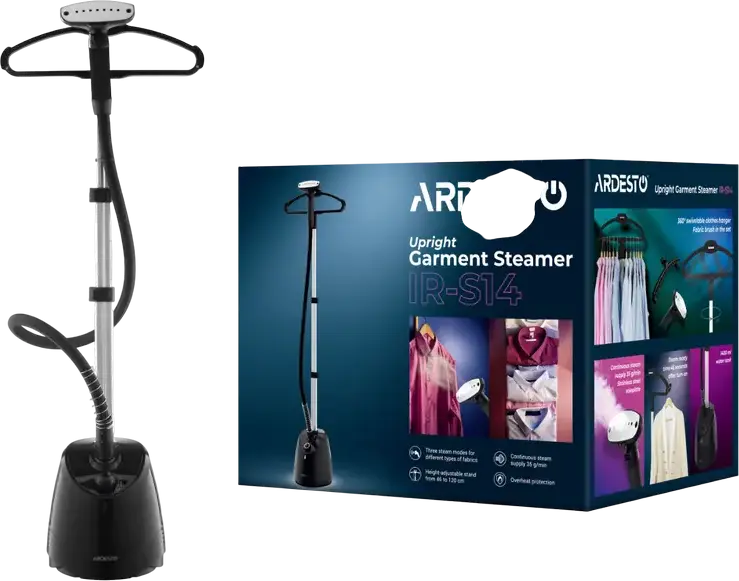 Fier de Căltit Vertical Ardesto IR-S14, 1800W, Rezervor Apă 1400ml, 35g/min Abur, 3 Moduri de Operare, Suport Reglabil 46-120cm, Talpă Inox, Negru
