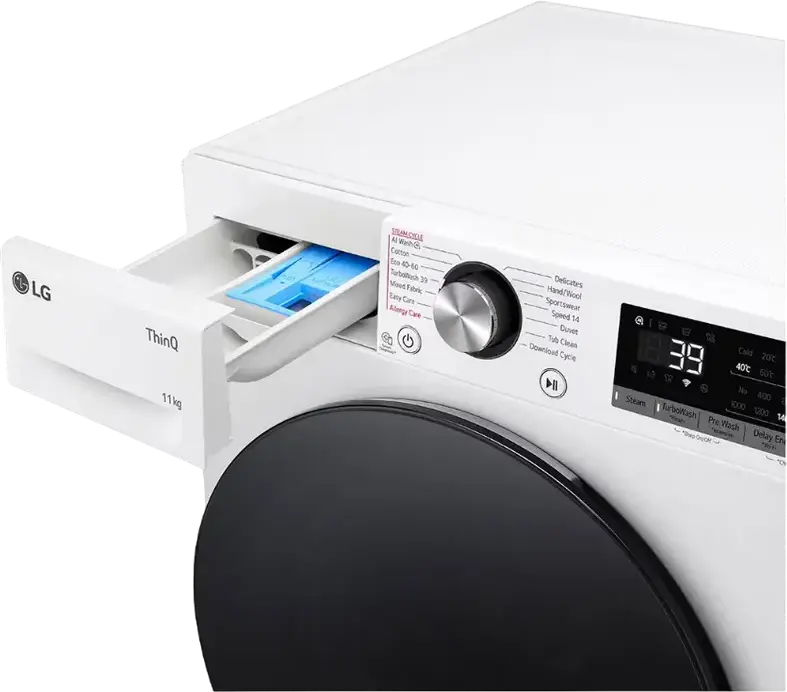 LG F4WR711S2W Front-Load Washing Machine, 11 kg, Inverter Direct Drive, Steam Cleaning, ThinQ, Energy Class A, 1400 rpm, White/Black, 60x85x56.5 cm