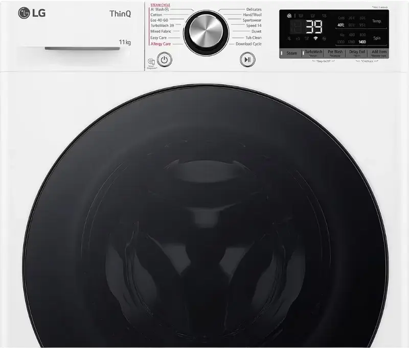 LG F4WR711S2W Front-Load Washing Machine, 11 kg, Inverter Direct Drive, Steam Cleaning, ThinQ, Energy Class A, 1400 rpm, White/Black, 60x85x56.5 cm