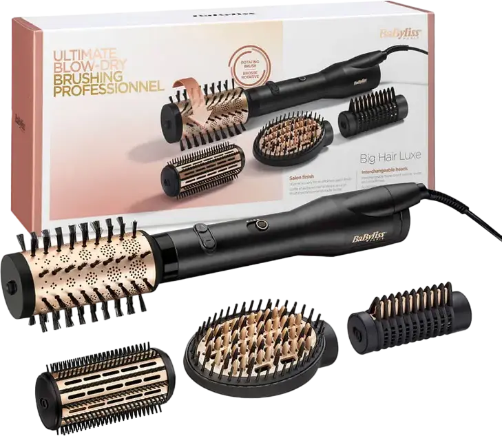 BaByliss Big Hair Luxe AS970E Rotating Hot Air Brush, 650W Ceramic Ionic Styler with 50mm & 38mm Brushes, Smoothing Paddle and Straightening Comb