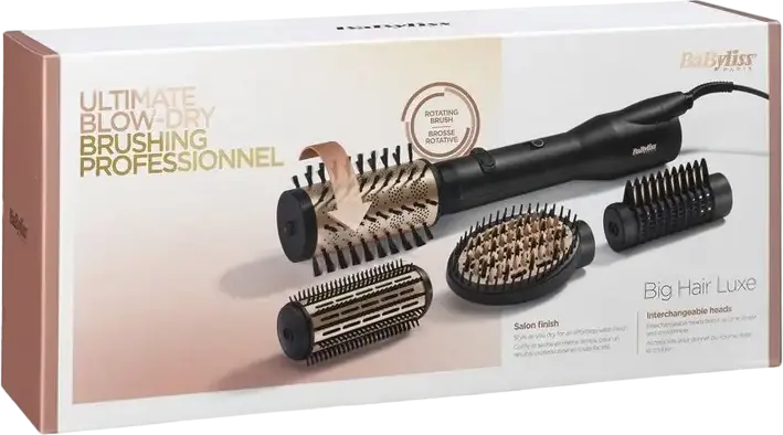 BaByliss Big Hair Luxe AS970E Rotating Hot Air Brush, 650W Ceramic Ionic Styler with 50mm & 38mm Brushes, Smoothing Paddle and Straightening Comb