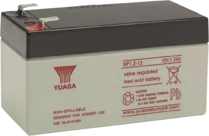 Baterie Yuasa NP1.2-12 VRLA AGM 12V 1.2Ah Etansă, Tip Non-spillable pentru UPS și Utilizare Standby, Terminale Faston, Dimensiuni 97x48x54.5mm