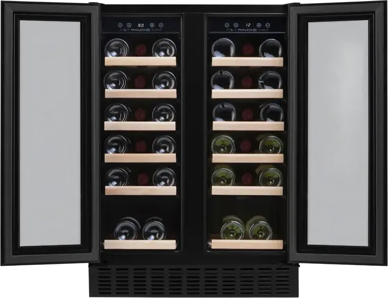 Răcitor de vin Philco PW38GDFB Freestanding, Capacitate 116L pentru 38 Sticle, 2 Zone de Răcire Independente, Rafturi Lemn, Negru