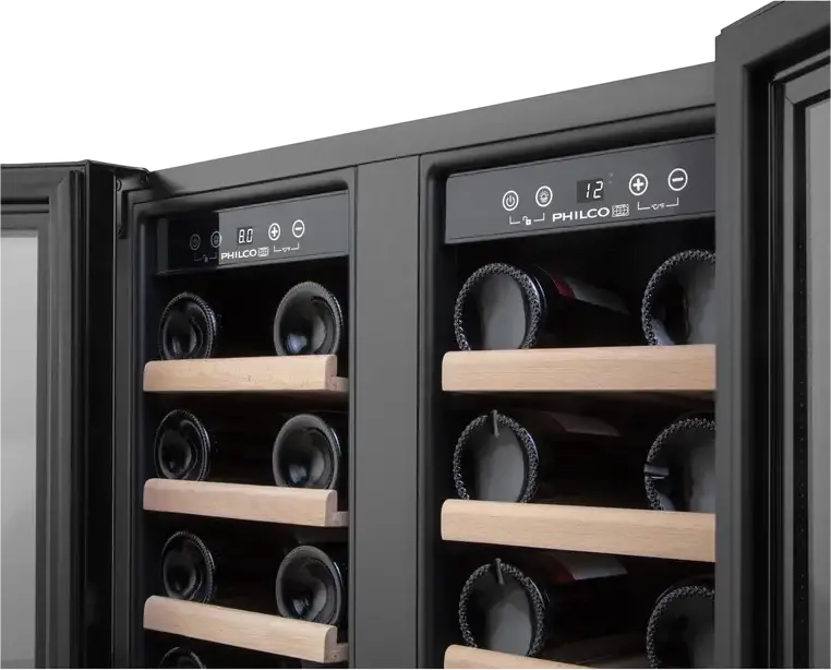 Răcitor de vin Philco PW38GDFB Freestanding, Capacitate 116L pentru 38 Sticle, 2 Zone de Răcire Independente, Rafturi Lemn, Negru