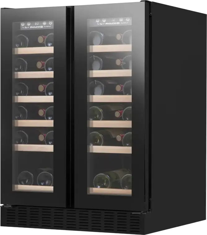 Răcitor de vin Philco PW38GDFB Freestanding, Capacitate 116L pentru 38 Sticle, 2 Zone de Răcire Independente, Rafturi Lemn, Negru