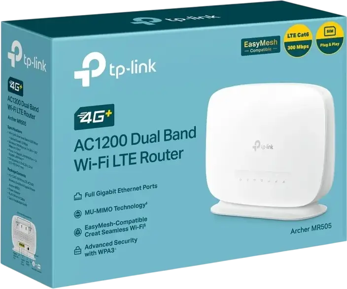 TP-Link Archer MR505 4G+ Cat6 AC1200 Wireless Dual Band Gigabit Router, LTE up to 300Mbps, MU-MIMO, Beamforming, EasyMesh, Nano SIM Slot, White