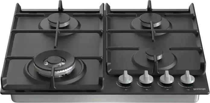 Plită Gaze Încorporabilă Gorenje GW 641 EXB, 4 Arzătoare cu WOK, Suprafață Inox, Grătare din Fontă, Siguranță Gas-Control, 60cm, Negru