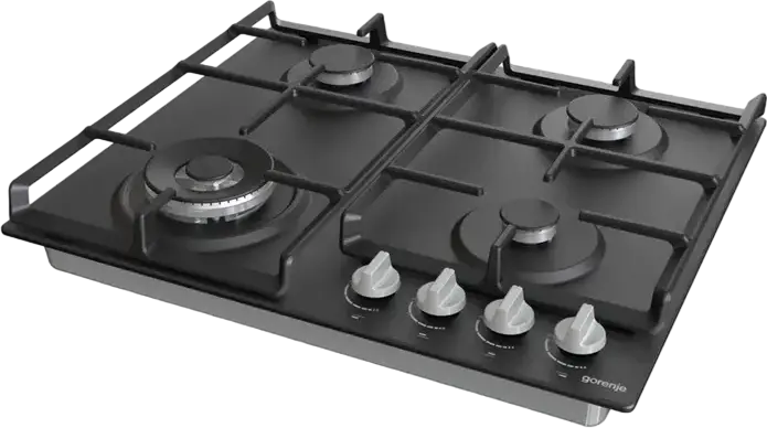Plită Gaze Încorporabilă Gorenje GW 641 EXB, 4 Arzătoare cu WOK, Suprafață Inox, Grătare din Fontă, Siguranță Gas-Control, 60cm, Negru