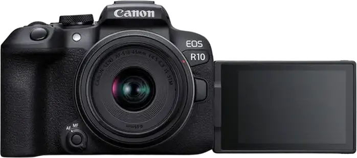 aparat foto Mirrorless Canon EOS R10 cu Obiectiv RF-S 18-45mm IS STM, Senzor APS-C CMOS 24.2MP, Procesor DIGIC X, Video 4K 60fps, Dual Pixel CMOS AF II