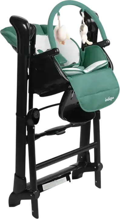 Caretero Indigo 2-in-1 High Chair and Electric Swing, Aluminum Frame, 5-Point Harness, Adjustable Height, Double Tray, Removable Toy Bar, 15kg Max