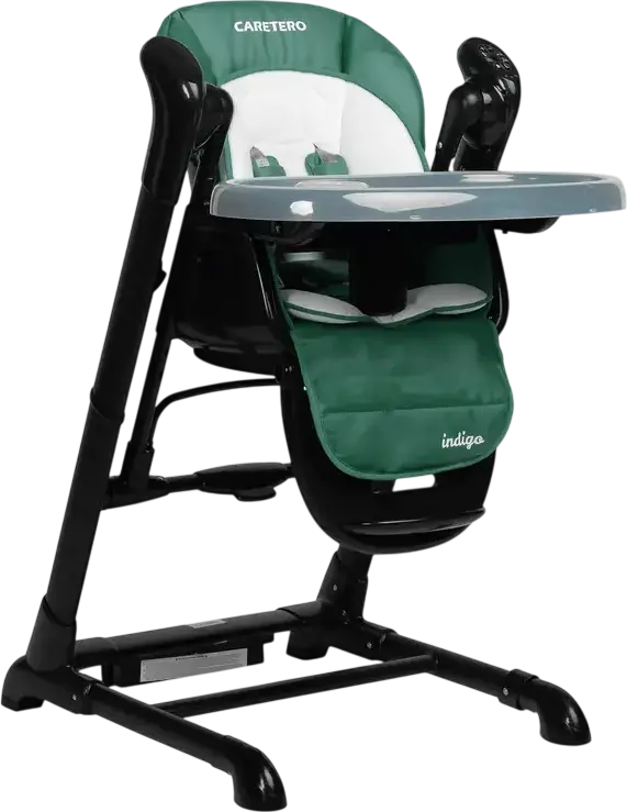 Caretero Indigo 2-in-1 High Chair and Electric Swing, Aluminum Frame, 5-Point Harness, Adjustable Height, Double Tray, Removable Toy Bar, 15kg Max