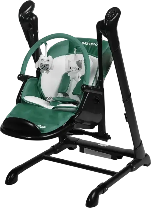 Caretero Indigo 2-in-1 High Chair and Electric Swing, Aluminum Frame, 5-Point Harness, Adjustable Height, Double Tray, Removable Toy Bar, 15kg Max