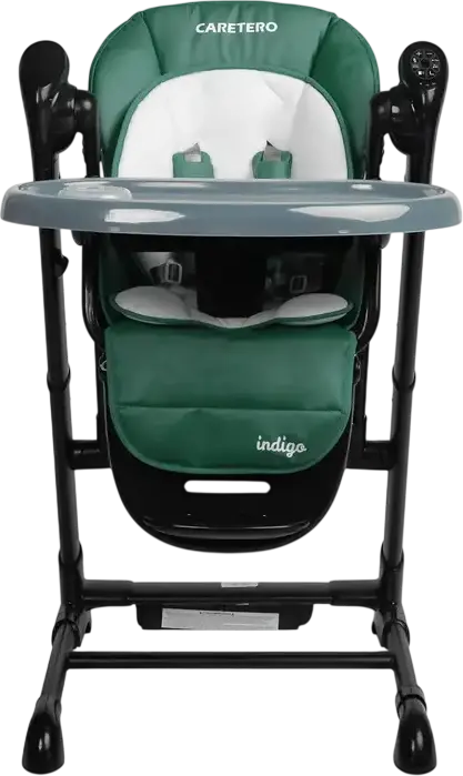 Caretero Indigo 2-in-1 High Chair and Electric Swing, Aluminum Frame, 5-Point Harness, Adjustable Height, Double Tray, Removable Toy Bar, 15kg Max