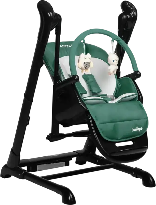 Caretero Indigo 2-in-1 High Chair and Electric Swing, Aluminum Frame, 5-Point Harness, Adjustable Height, Double Tray, Removable Toy Bar, 15kg Max