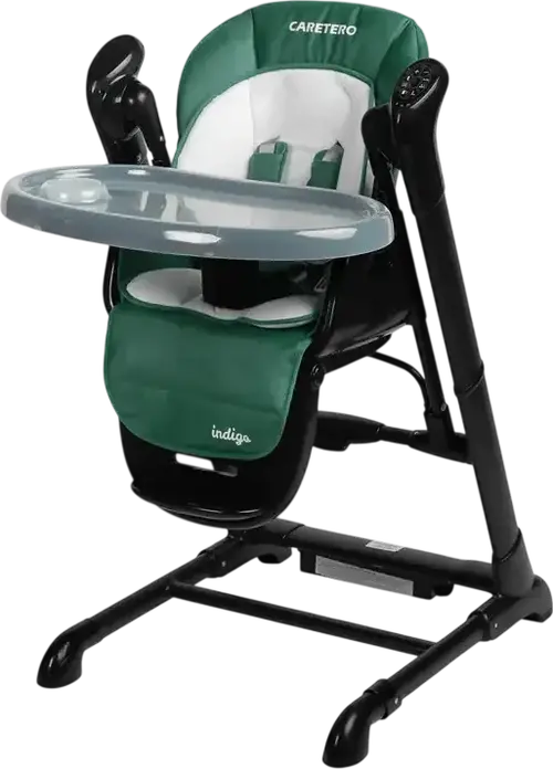 Caretero Indigo 2-in-1 High Chair and Electric Swing, Aluminum Frame, 5-Point Harness, Adjustable Height, Double Tray, Removable Toy Bar, 15kg Max