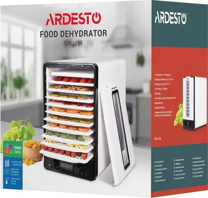 Ardesto FDB-1138 Food Dehydrator, 550W, 10 Trays + Hanging Grid, 40-70°C Temperature Control, 48h Timer, LED Display, White