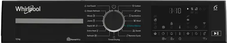 Uscător rufe Whirlpool WP E12X WBS EE cu pompă de căldură, 12kg, Clasa Energetică E, 6th Sense, HomeWhiz, Motor Inverter, Alb/Negru, 84.6x59.8x67.4 cm