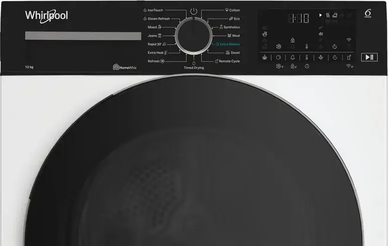 Uscător rufe Whirlpool WP E12X WBS EE cu pompă de căldură, 12kg, Clasa Energetică E, 6th Sense, HomeWhiz, Motor Inverter, Alb/Negru, 84.6x59.8x67.4 cm